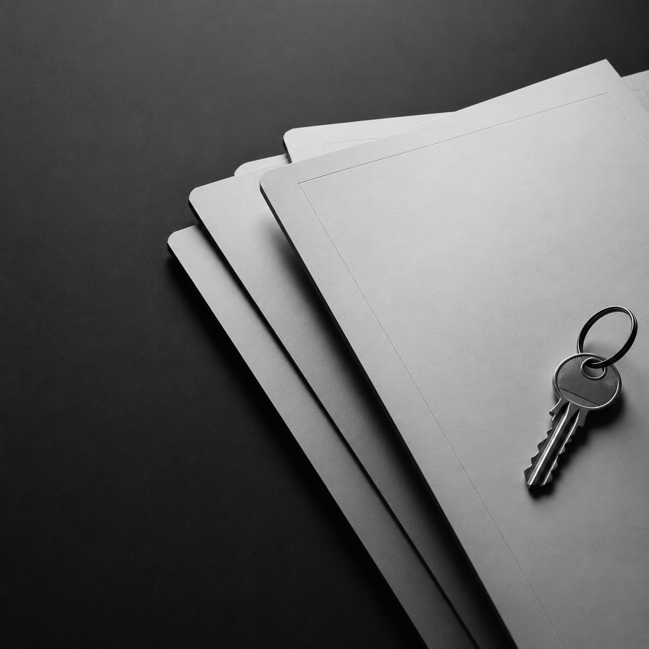 Property records and a house key on a dark surface